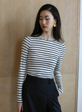 无有无印针织羊毛舒适透气圆领长袖黑白条纹百搭打底条纹T23202