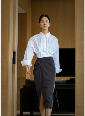 无有无印灰色百搭修腰修臀 时髦开叉褶皱半身裙24190