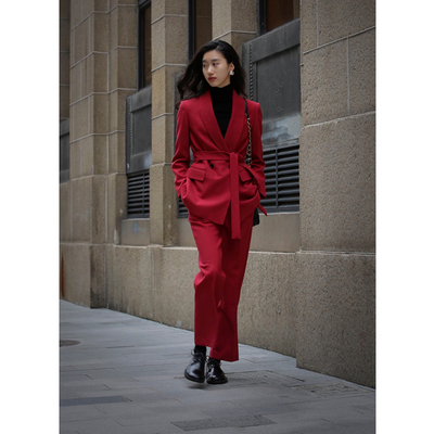 无有无印羊毛混纺时髦玫红色显瘦西裤休闲裤21230