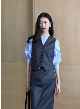 无有无印深灰色羊毛混纺显瘦百搭V领细腰马甲23266