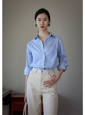 无有无印蓝色百搭棉质舒适透气条纹抗皱衬衫23114