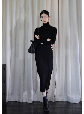 无有无印黑色显瘦百搭修身高腰包臀裙一步裙开叉半身裙21250