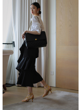 无有无印黑色百搭浪漫大摆荷叶边高腰中长款松紧腰半身裙21128