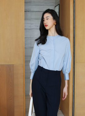 无有无印蓝色棉质圆领泡泡袖九分袖百搭通勤衬衫24027