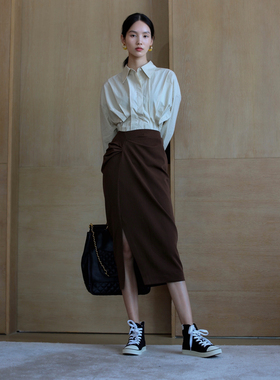 无有无印焦糖色修腰包臀 时髦褶皱开叉百搭打底显瘦半身裙21162