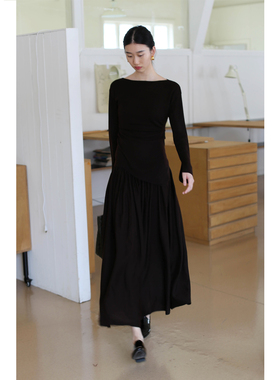 无有无印针织羊毛混纺高腰褶皱大摆长款深棕色半身裙24230