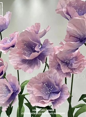 紫色手揉纸艺花虞美人大型立杆装饰假花商场美陈道具巨型纸花成品