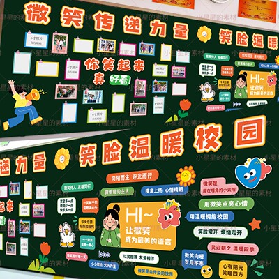 微笑传递力量笑脸墙照片墙黑板报模板微笑格言教室环创可打印素材
