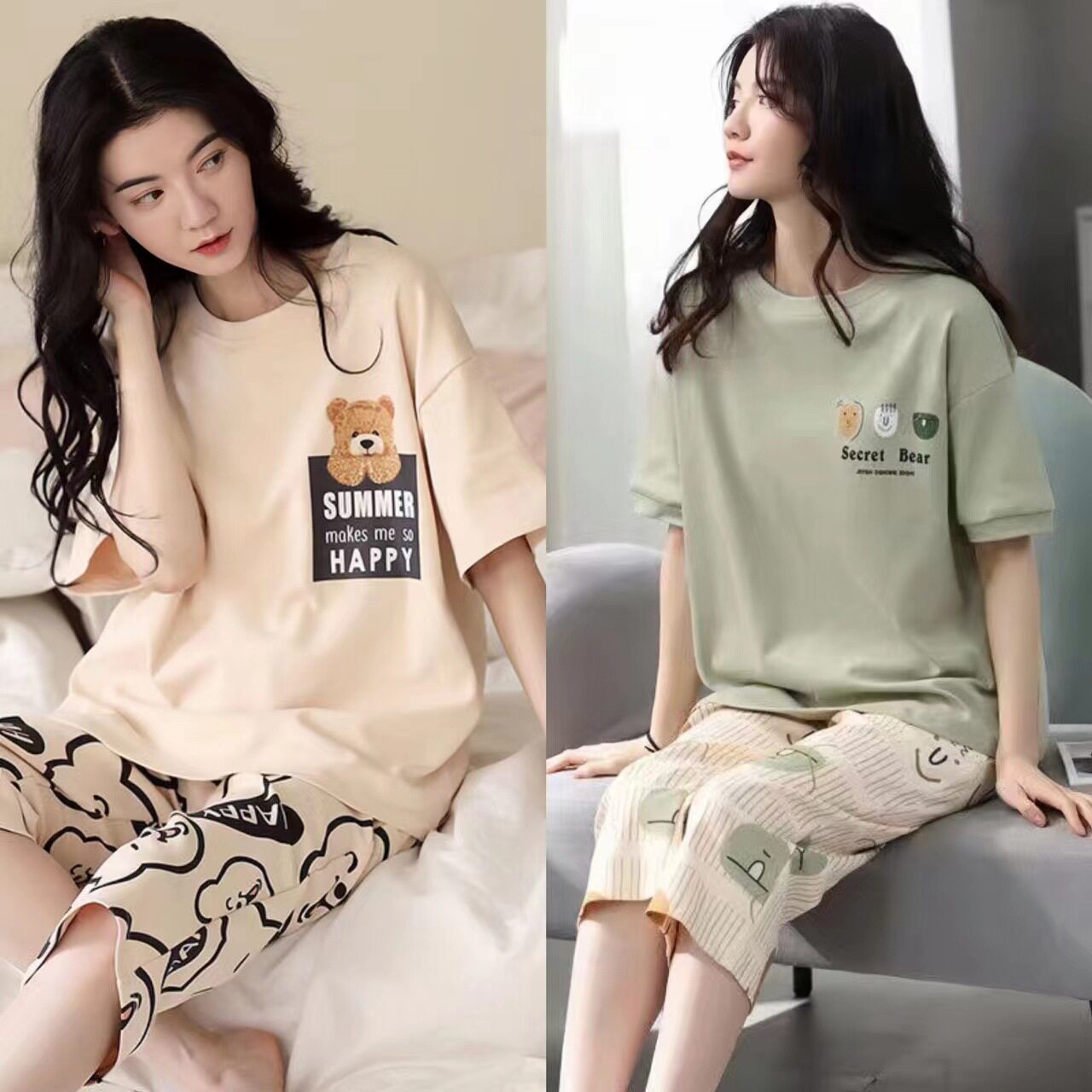 睡衣女夏季短袖七分裤家居服夏天薄款韩版可出门休闲两件套装