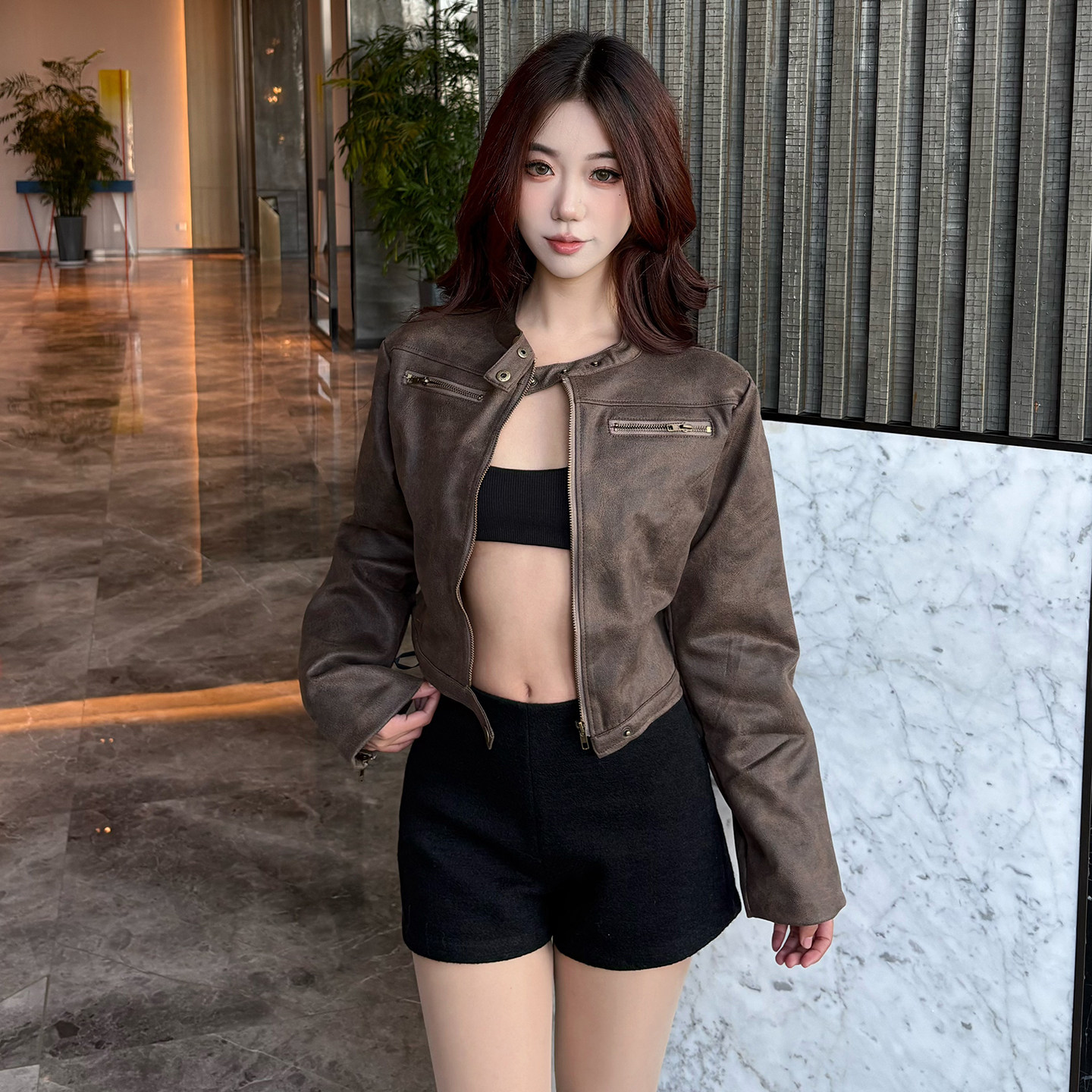 DaLian 美式复古风立领机车麂皮上衣女短款做旧外套辣妹长袖夹克,运动服/休闲服装,运动茄克/外套,淘宝优惠券,粉丝福利购,淘宝优惠卷