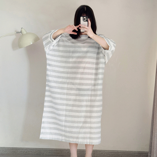 DaLian 无穿感*心机透感长袍女复古文艺风宽松大码棉麻条纹连衣裙