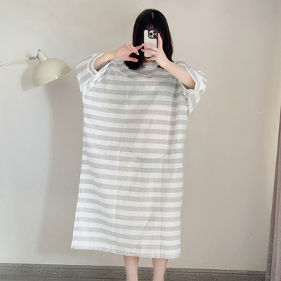 DaLian 无穿感*心机透感长袍女复古文艺风宽松大码棉麻条纹连衣裙