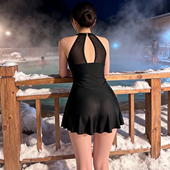 泳装 无裆方便超心机超短连体泳衣女显瘦遮肚黑裙式 泡温泉 DaLian