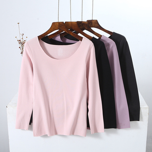 女内穿无痕德绒保暖背心长袖长裤秋衣纯色加厚冬季紧身打底衫上衣