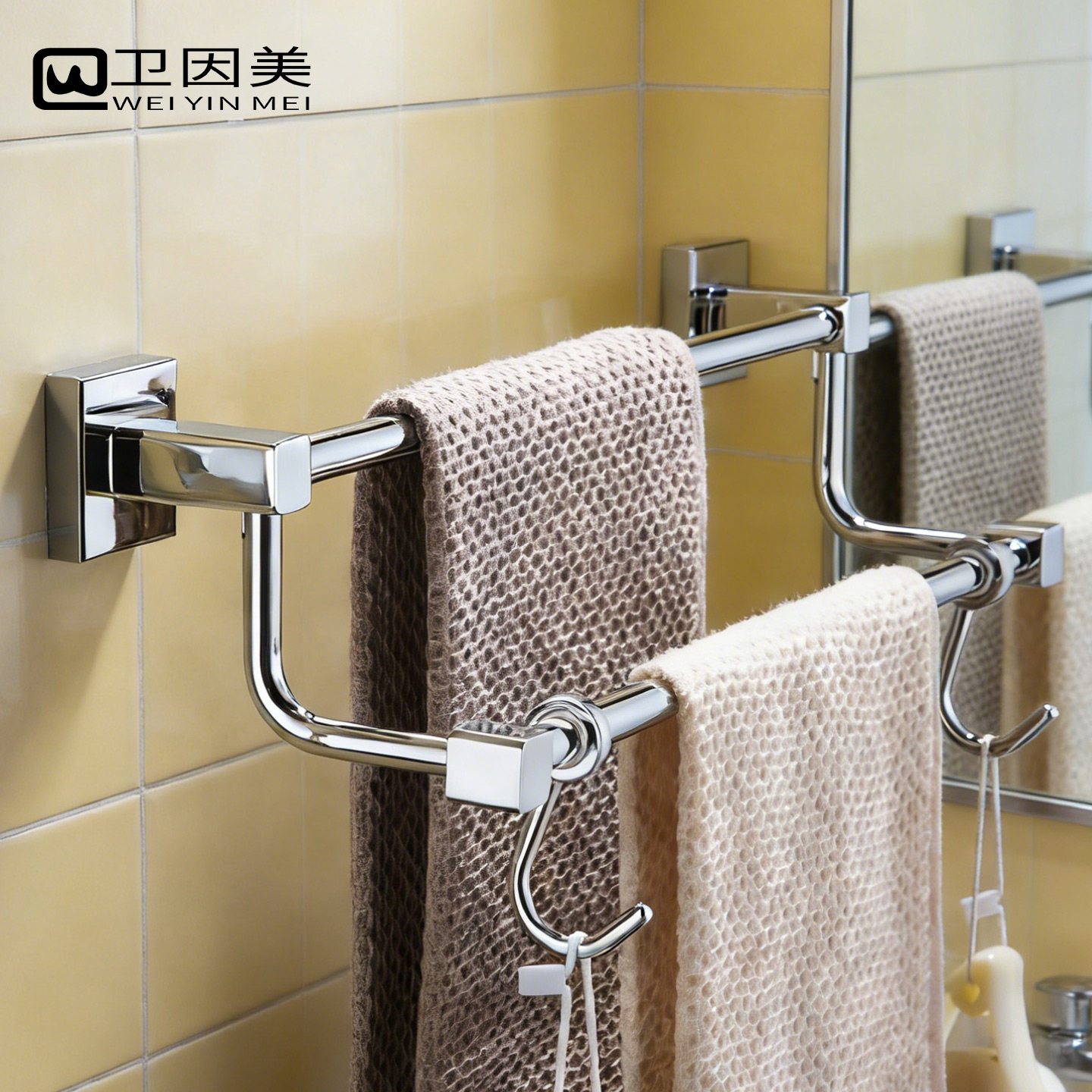 全铜双杆毛巾架双层浴室挂架浴巾架卫生间五金挂件不锈钢色免打孔