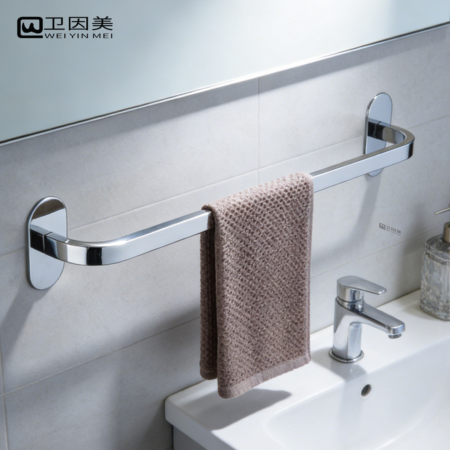 工程酒店订做304不锈钢免打孔卫生间浴室毛巾杆方单杆厕所浴巾架