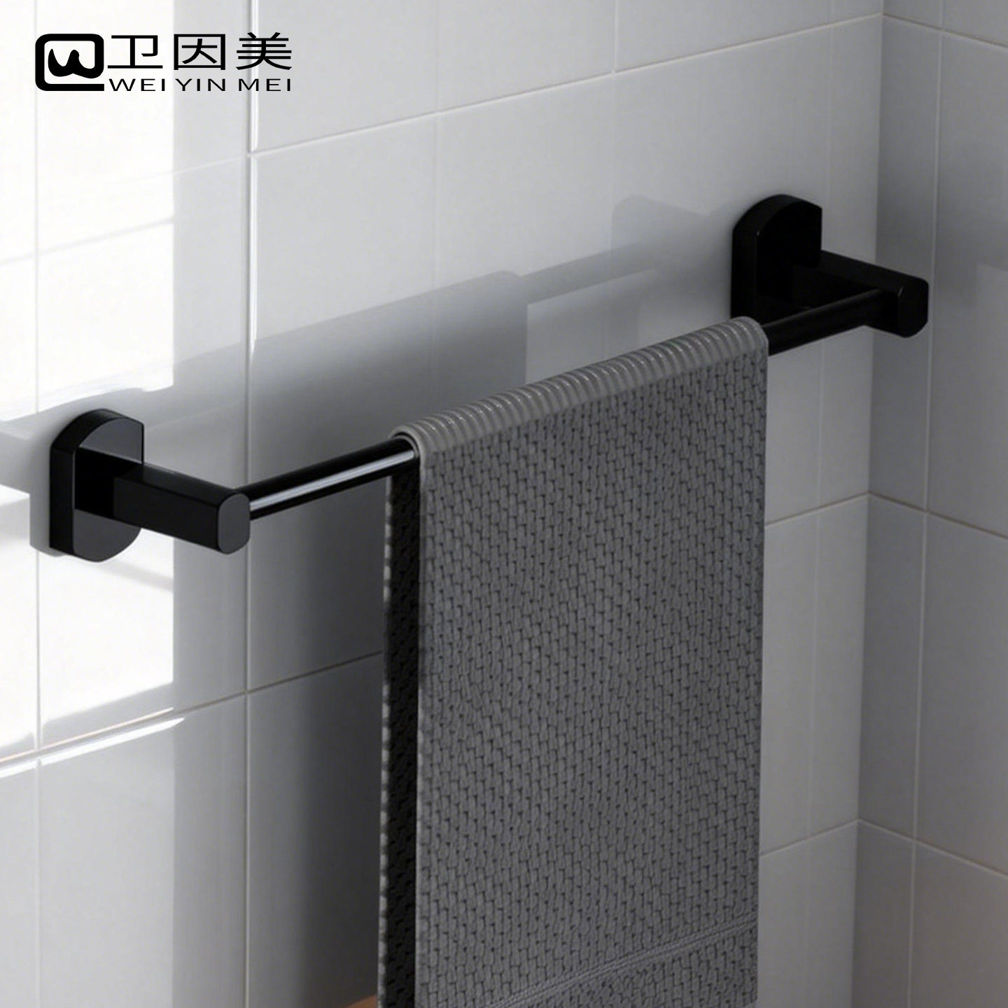 免打孔全铜雅黑色毛巾架毛巾单杆加长卫生间浴室短款卫浴五金挂件