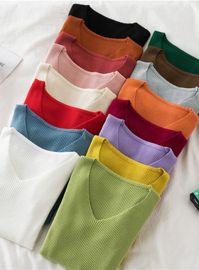 打底衫女秋冬季2023新款内搭修身春秋百搭V领毛衣针织衫长袖上衣