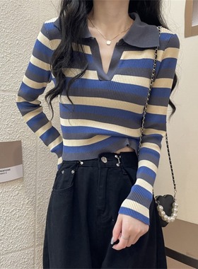 彩色polo领长袖t恤女春秋针织打底衫修身显瘦内搭高腰短款上衣ins