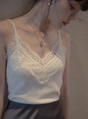 2024新款吊带背心女外穿白色内搭打底针织性感V领美背蕾丝上衣潮