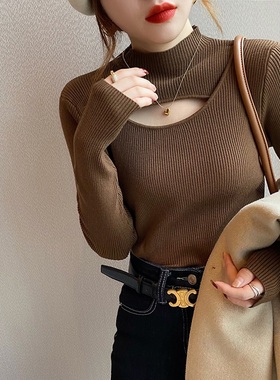 早秋半高领镂空针织打底衫女设计感小众修身显瘦内搭毛衣洋气上衣