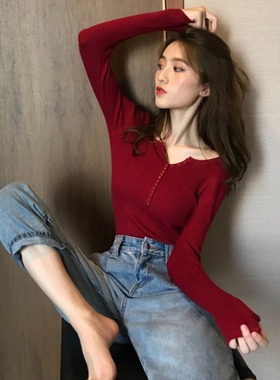 秋冬新款韩版chic纽扣针织衫内搭长袖套头紧身显瘦打底衫上衣女