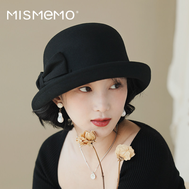 MISMEMO羊毛盆帽女秋冬优雅蝴蝶结卷边毛呢礼帽复古百搭渔夫帽