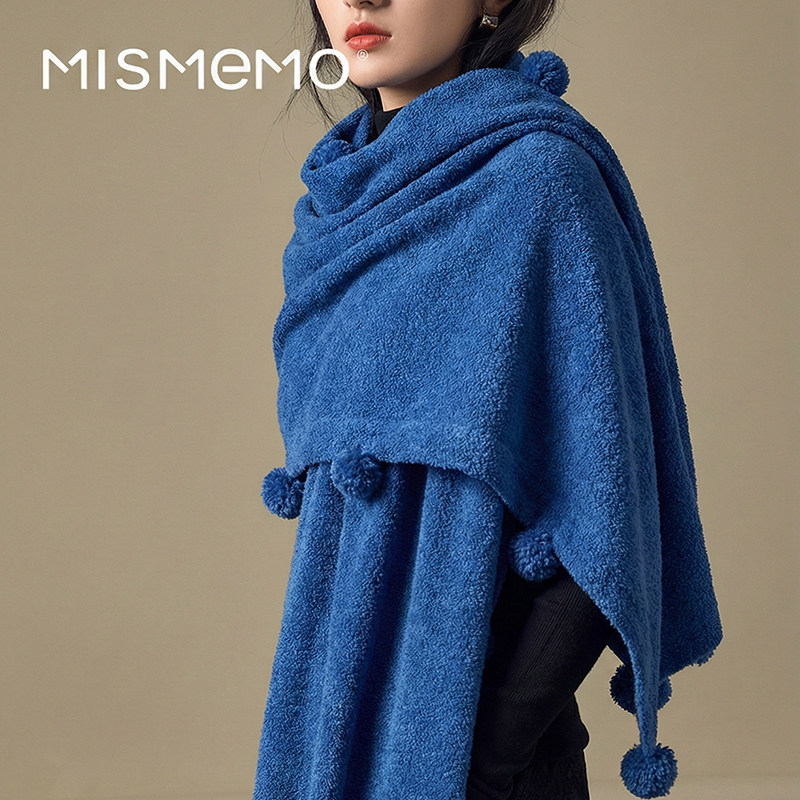 MISMEMO蓝色围巾女秋冬2025新款球球设计圈圈羊毛针织保暖大披肩