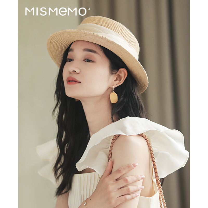 MISMEMO平顶拉菲草帽女春夏季法式麻纱平沿帽时尚度假复古小礼帽