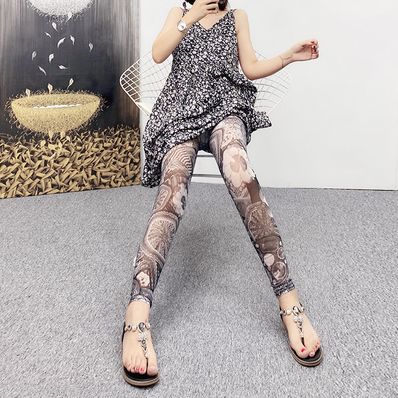 彩色打底裤女外穿弹力印花波普风薄款网纱九分裤个性异域风紧身裤