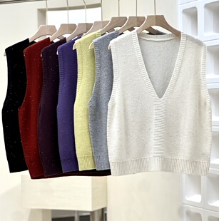 2026新款V领无袖羊毛马甲女春季纯色宽松针织外穿设计感毛衣背心