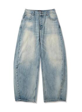 WENFENG LI 14OZ竹节棉clean垂感baggy水洗弧形剪裁弯刀牛仔裤