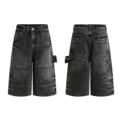 双膝七分牛仔短裤 24SS夏重磅14盎司baggy阔腿 WENFENG
