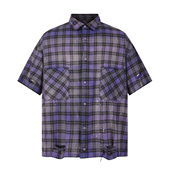 WENFENG 薄款 定制格纹水洗做旧褪色vintage破坏泼墨格子衬衫