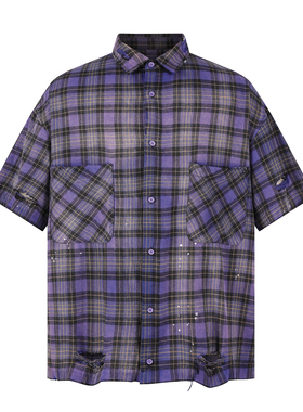 WENFENG LI 定制格纹水洗做旧褪色vintage破坏泼墨格子衬衫薄款