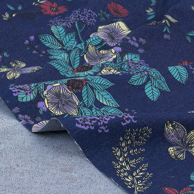 复古紫花印花牛仔布料diy旗袍