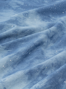 重工细闪亮片蓝色扎染水洗牛仔布料纯棉DIY外套服装设计师面料