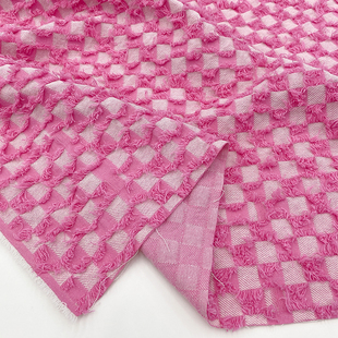 粉色流苏棋盘格纯棉牛仔布料水洗肌理外套手工diy衣服装设计面料