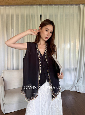 CZ ZHANG秋季韩版时髦度假风手工串珠流苏宽松马甲两件套女
