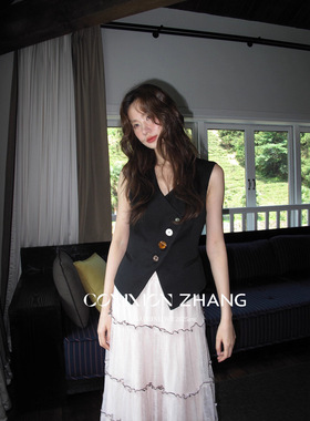 CZ ZHANG秋季韩版通勤设计感斜扣v领纯色亚麻西装背心马甲B37366