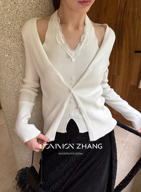 CZ ZHANG秋甜美蕾丝花边拼接假两件针织开衫吊带修身毛衣女B35007