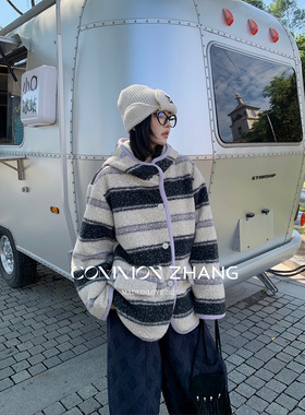 CZ ZHANG秋冬撞色提花仿羊羔毛少女连帽外套宽松休闲风衣 B47195