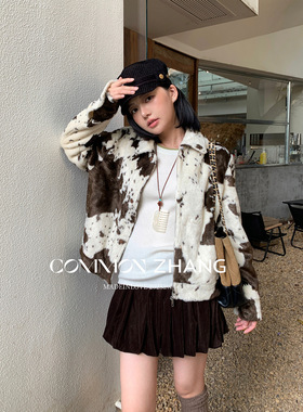 CZ ZHANG秋冬仿皮毛一体休闲短外套女修身显瘦羊羔毛棒球服