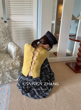 CZ ZHANG秋前后两层性感镂空钉珠针织衫短款露脐短袖T恤女B35070