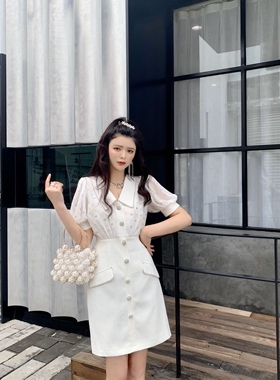 不退换小众连衣裙夏天重工烫钻礼服轻奢名媛气质法式白色西装裙女