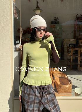 CZ ZHANG秋半高领羊毛打底针织衫女喇叭袖花边撞色拼接毛衣B35529