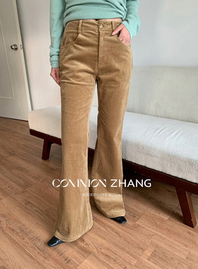 CZ ZHANG秋灯芯绒中低腰假两件屁帘喇叭裤女修身显瘦休闲裤