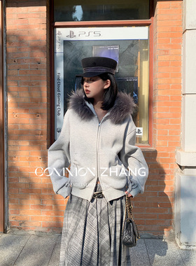 CZ ZHANG秋冬狐狸毛毛领连帽棉衣女宽松休闲加厚卫衣外套 B47273