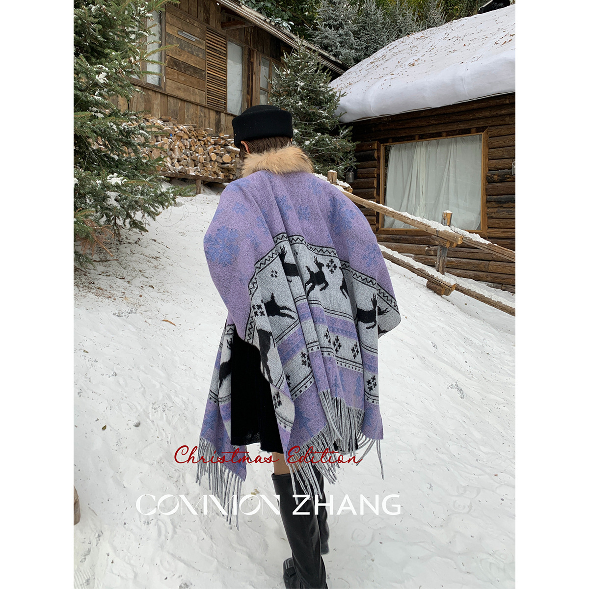 CZ ZHANG圣诞氛围感紫色提花粗花呢披肩围脖女冬保暖围巾B49003-9