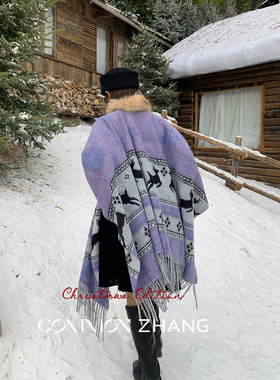 CZ ZHANG圣诞氛围感紫色提花粗花呢披肩围脖女冬保暖围巾B49003-9